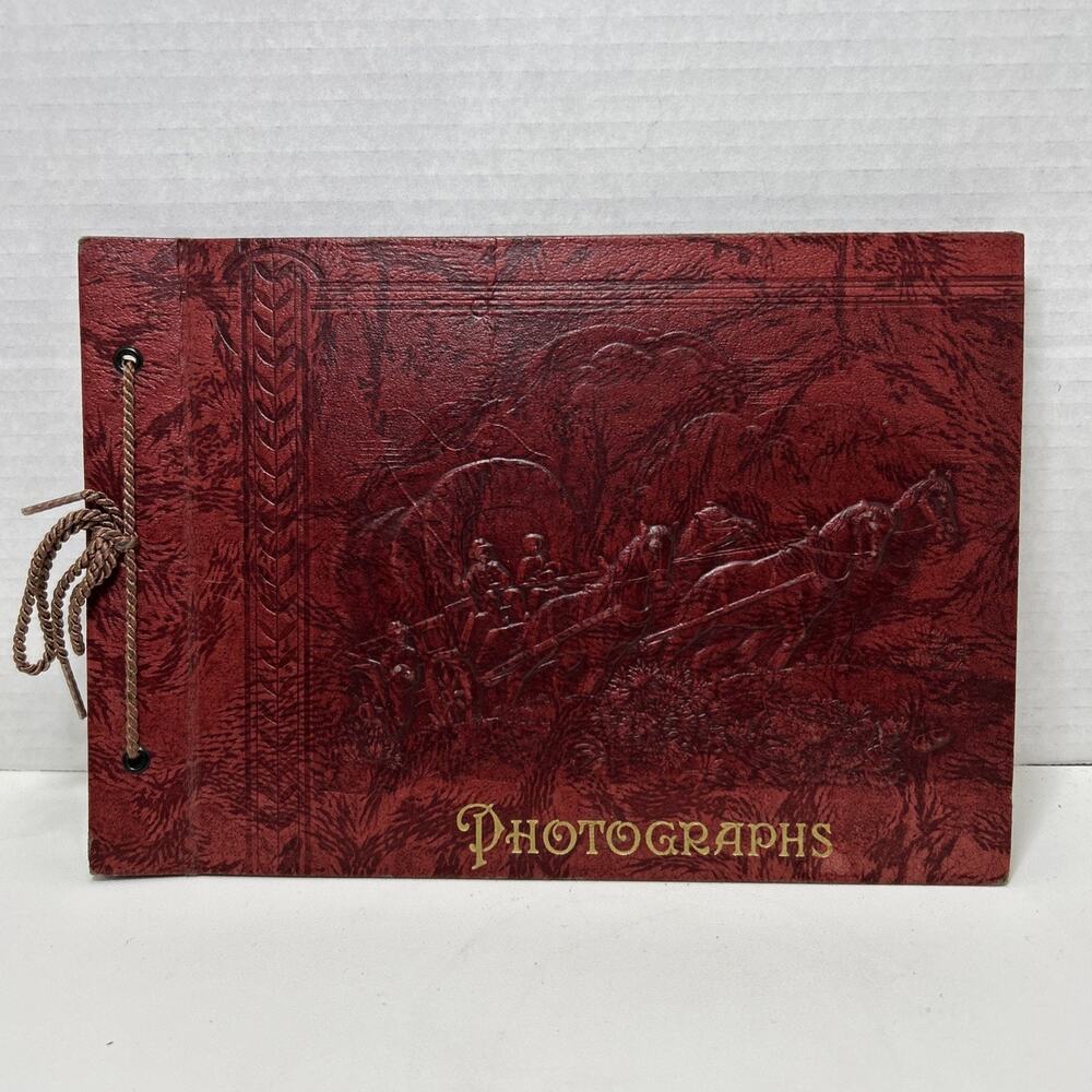 Vtg 1940s Scrap Book Embossed Covered Wagon Design Red Cover 10×7" Rope Binding